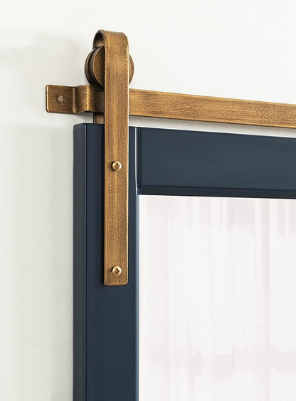 Kate and Laurel Skylan Modern Farmhouse Decorative Wood Framed Wall Mirror; 22 x 28; Navy and Antique Gold; Barn Door-Inspired Wall Hanging Mirror for Bathroom or Living Room Uses