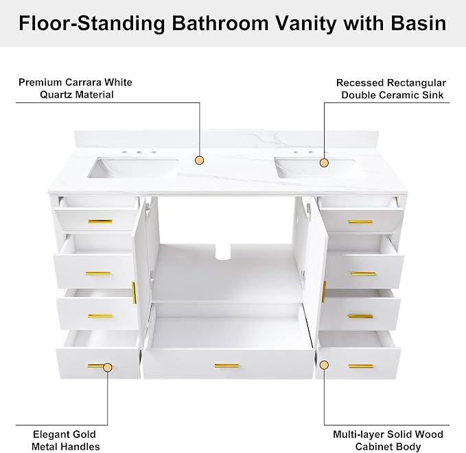 60 Inch Bathroom Vanity with Double Sink&Countertop,Carrara White Quartz Counter Top with Sink&Backsplash,White Bathroom Cabinet Set with 2 Doors and 9 Drawer(Three Holes)