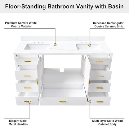 60 Inch Bathroom Vanity with Double Sink&Countertop,Carrara White Quartz Counter Top with Sink&Backsplash,White Bathroom Cabinet Set with 2 Doors and 9 Drawer(Three Holes)