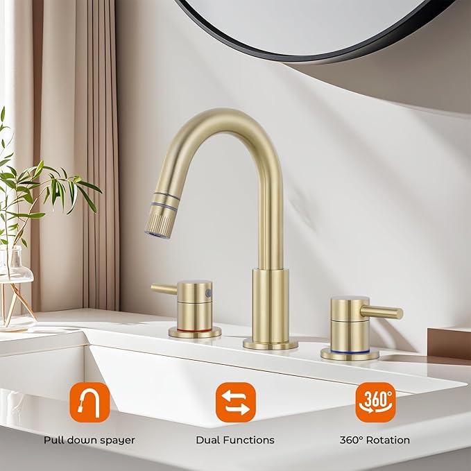 FGKQ Brushed Gold Bathroom Faucet 3 Hole with Pull Down Sprayer 2 Modes, Pull Down Bathroom Sink Faucet with Pop Up Drain, 8 Inch Widespread Bathroom Faucet