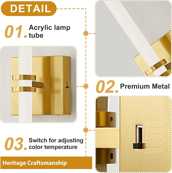 Gold Bathroom Light Fixture LED Vanity Light 37.4" 5CCT Wall Sconce | LED Dimmable Wall Light Modern 360° Lighting, 35W Hardwired Vanity Light for Bathroom Mirror, Flicker-Free Easy Install