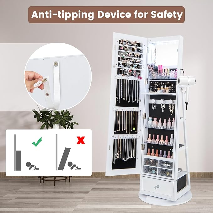 GOFLAME 360° Rotating Jewelry Cabinet with Full Length Mirror, Standing LED Mirror Jewelry Armoire, Lockable Jewelry Organizer with Hair Dryer Rack, Back Storage Shelves, Inner Makeup Mirror, White