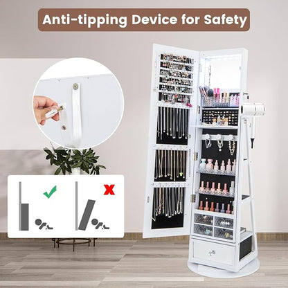 GOFLAME 360° Rotating Jewelry Cabinet with Full Length Mirror, Standing LED Mirror Jewelry Armoire, Lockable Jewelry Organizer with Hair Dryer Rack, Back Storage Shelves, Inner Makeup Mirror, White