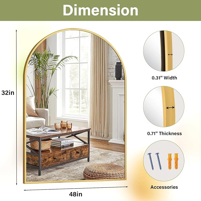 XRAMFY 32"x48" Arched Bathroom Mirror with Aluminum Frame Arched Wall Mounted Vanity Mirror for Entryway, Bedroom, Living Room, Gold