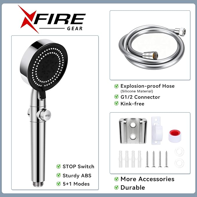 5+1 Mode High Pressure Replacement Silver RV Shower Head with Hose | On/Off Switch, Water Saving Motorhome Shower Head for RV/Campervan, Caravan