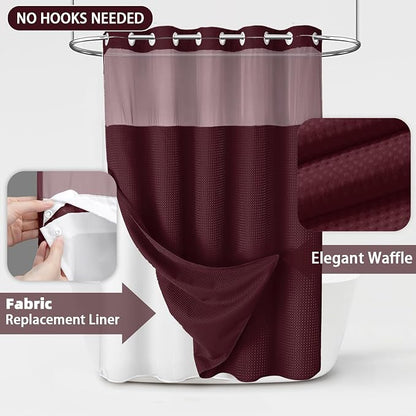 No Hook Shower Curtain and Liner Set,Burgundy Hotel Waffle Shower Curtain with Liner 75" L x 72" W