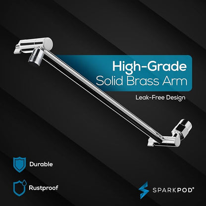 SparkPod 8" Square Rain Shower Head with 16" Shower Arm | Shower Head & Extension Arm Combo, Height Adjustable, High Pressure Performance, Easy 1-Minute Installation, Polished Chrome