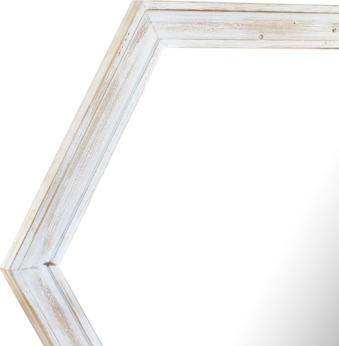 Stonebriar Decorative 24" Hexagon Wall Mirror with Worn White Wood Frame and Attached Hanging Bracket, Decorative Country Rustic Decor for the Living Room, Bedroom, Bathroom, Hallway, and Entryway