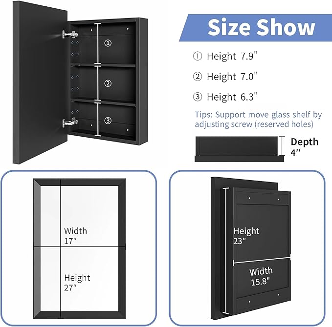 Retro-Style Medicine Cabinet with 17’’x27’’ Solid Wood Mirror Frame, Bathroom Recessed Wall Cabinet, Living Room Wood Storage Cabinet, Black