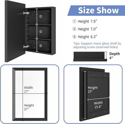 Retro-Style Medicine Cabinet with 17’’x27’’ Solid Wood Mirror Frame, Bathroom Recessed Wall Cabinet, Living Room Wood Storage Cabinet, Black