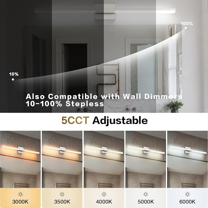 SOLFART Bathroom Lights Over Mirror 40-Inch: Brushed Nickel 5CCT Dimmable Bathroom Vanity Light, Solid Frosted Acrylic, Built-in Dimmer, 360 Degree Rotation, ETL IP44