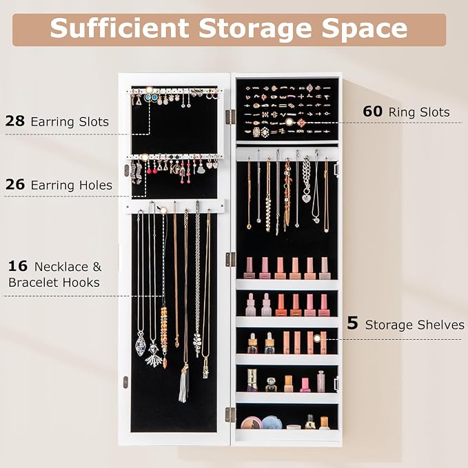 NAFORT Jewelry Armoire with Full-length Mirror,Wall Mounted Jewelry Organizer Cabinet with Make-up mirror, Height Adjustable Hanging jewelry storage mirror, Jewelry Holder, White
