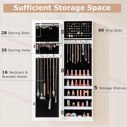 NAFORT Jewelry Armoire with Full-length Mirror,Wall Mounted Jewelry Organizer Cabinet with Make-up mirror, Height Adjustable Hanging jewelry storage mirror, Jewelry Holder, White