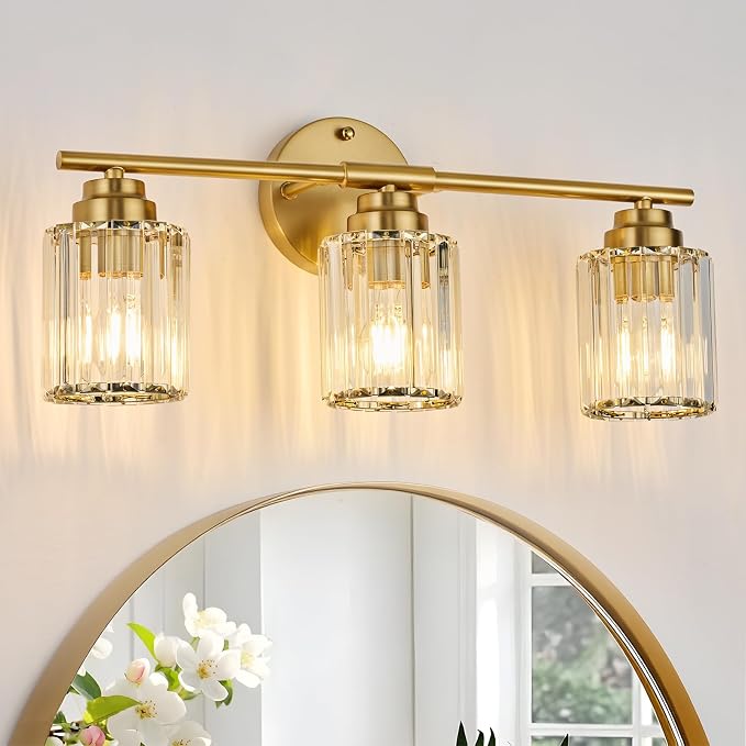 Modern 20.9" Crystal Vanity Light, 3 Light Bathroom Vanity Light, Gold Vanity Light with Clear Crystal Shades, E26 Base Wall Sconces Over Mirror for Bathroom, Bedroom, Hallway