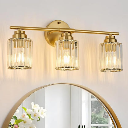 Modern 20.9" Crystal Vanity Light, 3 Light Bathroom Vanity Light, Gold Vanity Light with Clear Crystal Shades, E26 Base Wall Sconces Over Mirror for Bathroom, Bedroom, Hallway