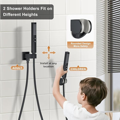 Rain Shower System 12" & 6" Dual Shower Heads Ceiling Shower Faucet Set | Ideal for bathroom remodels and upgrades with 12" rain shower, 6" angled shower, handheld spray and complete valve kit.