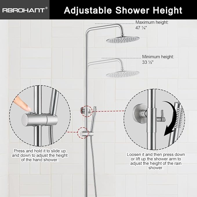 RBROHANT Exposed Shower System with Tub Spout, Brushed Nickel Exposed Pipe Shower Faucet with 3 Functions Brass Shower Valve, Shower Height Adjustable, Wall Mounted