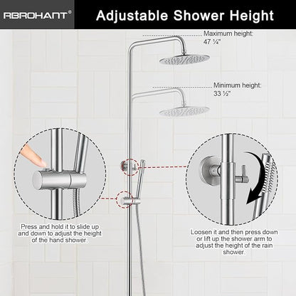 RBROHANT Exposed Shower System with Tub Spout, Brushed Nickel Exposed Pipe Shower Faucet with 3 Functions Brass Shower Valve, Shower Height Adjustable, Wall Mounted