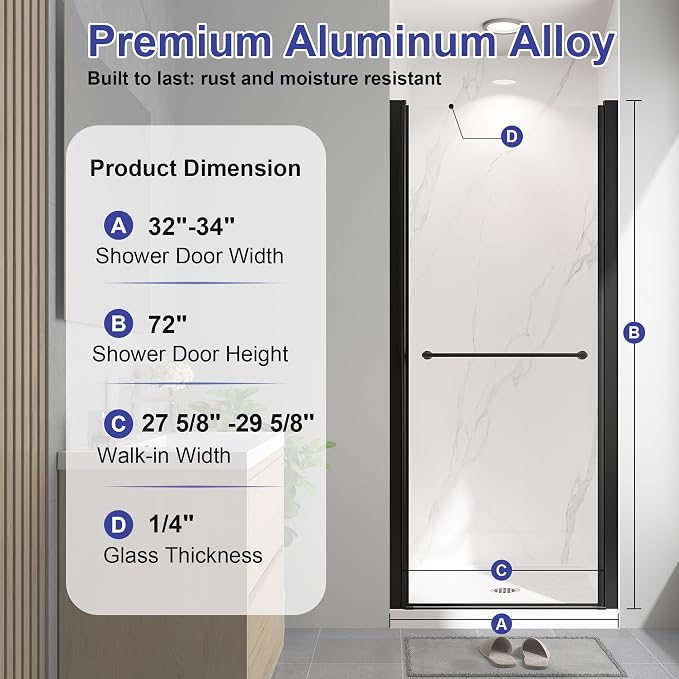 32"-34" W x 72" H Frameless Pivot Shower Door Matte Black | 1/4"(6mm) SGCC Tempered Glass with Explosion-Proof Film &Nano Coating,Customizable Width