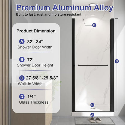 32"-34" W x 72" H Frameless Pivot Shower Door Matte Black | 1/4"(6mm) SGCC Tempered Glass with Explosion-Proof Film &Nano Coating,Customizable Width