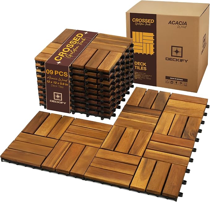 9-Piece Acacia Wood Interlocking Deck Tiles, Golden Teak Crossed | 12-Slat Cross Drainage, Non-Slip Grip, 490 lb Capacity, Protective Oil-Rubbed Finish, Flat-Surface Install, Patio Ready