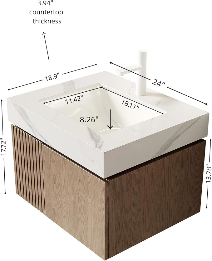 KEIKI 24 Inch Floating Bathroom Vanity with Sink, Light Brown & White | Modern Wall Mounted Storage Cabinet with 2 Doors, Pre-assembled Wood Panels, Sintered Stone Top & Ceramic Basin Combo Set
