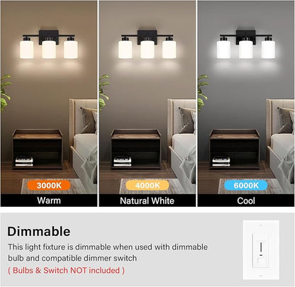 Black Bathroom Light Fixtures, 3-Light Modern Vanity Light Over Mirror, Wall Sconces with Milky White Frosted Glass Shades, E26 Socket (Bulbs Not Included)