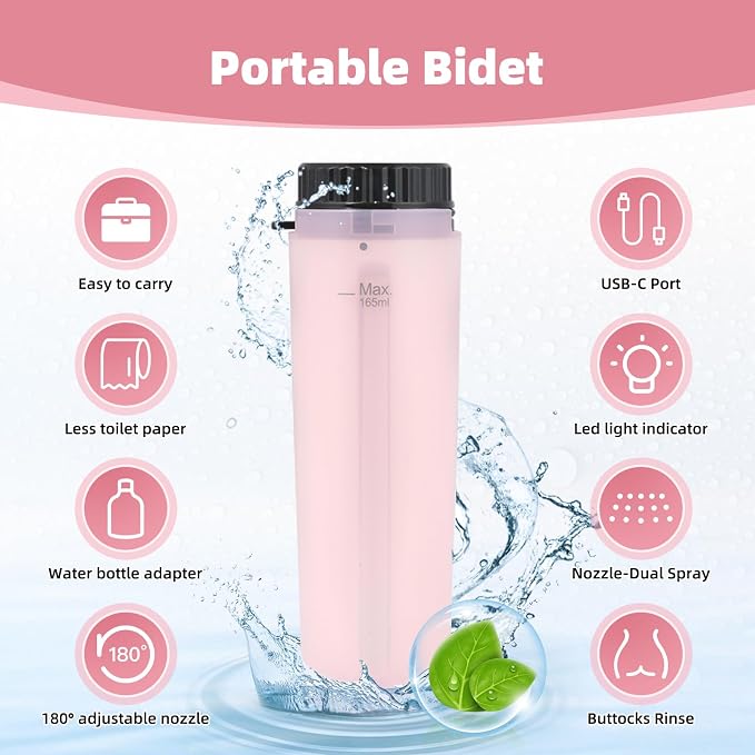 Hibbent Portable Bidet for Travel, High Pressure Handheld Electric Sprayer, Rechargeable Travel Bidet for Women & Men, Personal Hygiene Cleaning, Soothing Postpartum Care, Pink