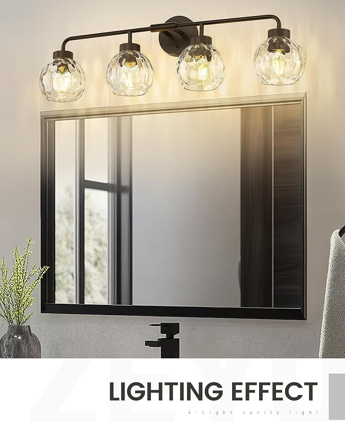 zeyu 4-Light Bathroom Vanity Light, 32 Inch Vintage Vanity Lighting Fixtures, Bathroom Lighting Fixtures with Water Ripple Globe Glass, ZS62BG-4W ORB-WG