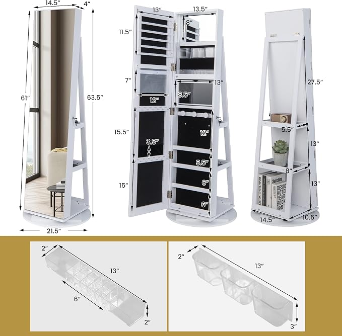 MAT EXPERT 360° Rotating Jewelry Armoire, Lockable Freestanding Jewelry Organizer w/Full-length Mirror, 3-Color LED Lights, Rear Storage Shelves, Mirror Jewelry Cabinet for Bedroom (White)