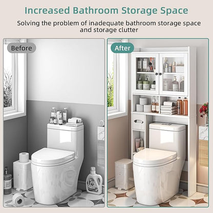 Over The Toilet Storage Cabinet with Clear Doors, Behind Toilet Organizer with Toilet Paper Holder Stand, Above Toilet Shelf, Space Saver for Bathroom, Laundry, Restroom, White