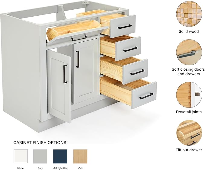 ARIEL Hepburn 36-inch Bathroom Vanity Base Cabinet,Solid Wood, 2 Soft Closing Doors, 5 Dovetail Drawers, Grey