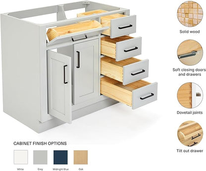 ARIEL Hepburn 36-inch Bathroom Vanity Base Cabinet,Solid Wood, 2 Soft Closing Doors, 5 Dovetail Drawers, Grey