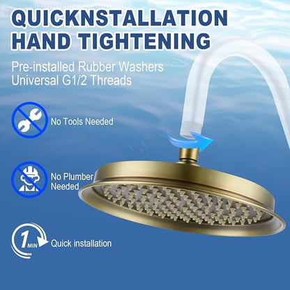 Antique Brass Finish Rain Shower Head, 9 Inch Round Rainfall Showerhead Made of 304 Stainless Steel Vintage High Pressure Waterfall Shower Heads with Silicone Nozzle