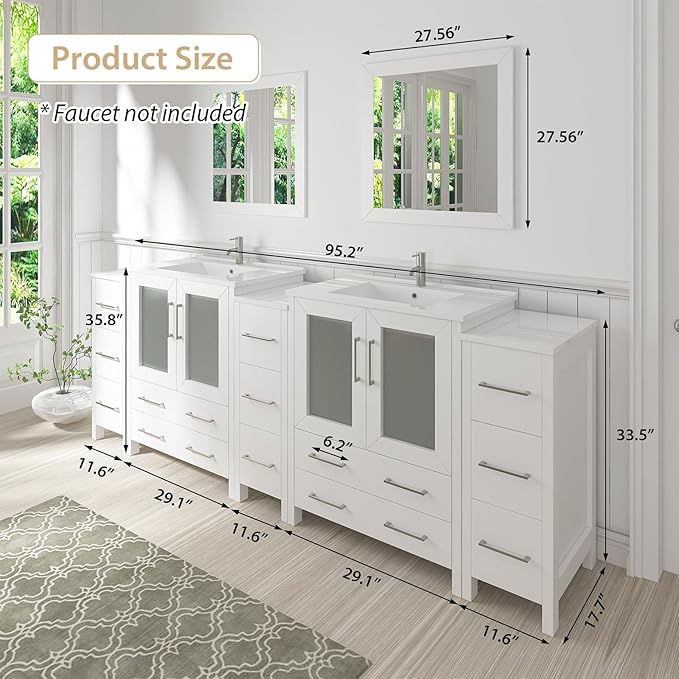 Vanity Art 96 Inch Under Mount Double Sink Bathroom Vanity Cabinet with 2 Mirrors, Ceramic Top Bathroom Cabinet Compact Set with 13 Dovetail Storage Drawers, VA3030-96-W