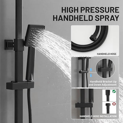 BWE Black Outdoor Shower Fixtures 10 Inch Rain Shower Head with Handheld Spray Dual Functions Exposed Shower System Wall Mount Outdoor Shower Kit for Bathroom or Backyard