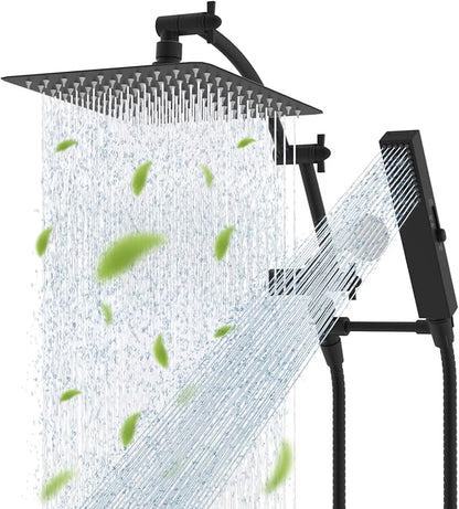 Hibbent All Metal CUPC Certified 10'' Rainfall Shower Head, Dual Shower Head Combo, High Pressure Handheld 4 Sprays Shower Wand, 16'' Adjustable Extension Arm, 71'' Hose, Shower Holder, Matte Black