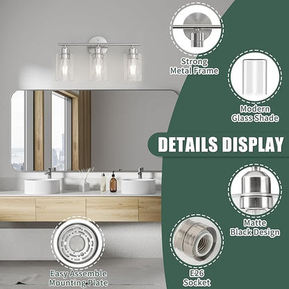 Espird Bathroom Vanity Light Fixtures Brushed Nickel, 3 Lights Bathroom Over Mirror, UL Certified, Modern Wall Lighting Fixtures with Glass Shade, E26 Socket