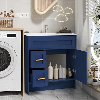 Blue Bathroom Vanity with Sink 30inch | 1doors and 2 Drawers | Wood Storage Basin Cabinet with Ceramic Basin for Home and Office