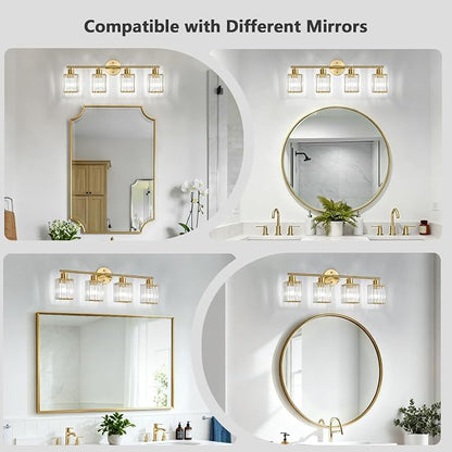 4 Light Bathroom Light Fixtures, Modern Crystal Vanity Lights over Mirror | Metal Frame, Bathroom Light with Square Crystal Shade, ETL Certified, E26 Ceramic Socket, Bulbs Not Included