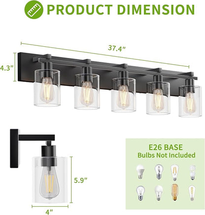 5-Light 37inch Matte Black Vanity Light, Thickened Clear Glass | Over Mirror for Bathroom, Rust Resistant, E26 Base, Easy Install, Removable Glass Shade Horizontal Mount, Dimmable