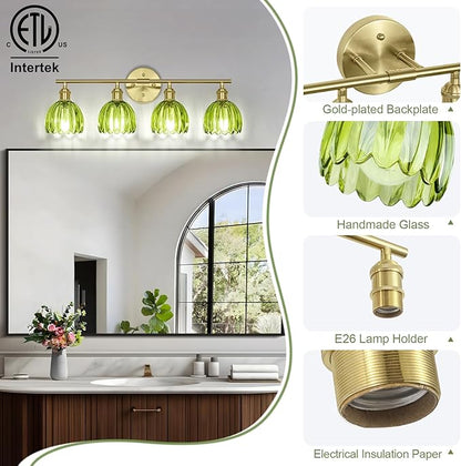 Vintage Bathroom Light Fixtures,4-Light Hardwired Vanity Lights with Green Tulip Glass Shade,Gold Bathroom Vanity Light for Mirror Restroom,E26 Socket,25.2 in(Bulbs Not Included)