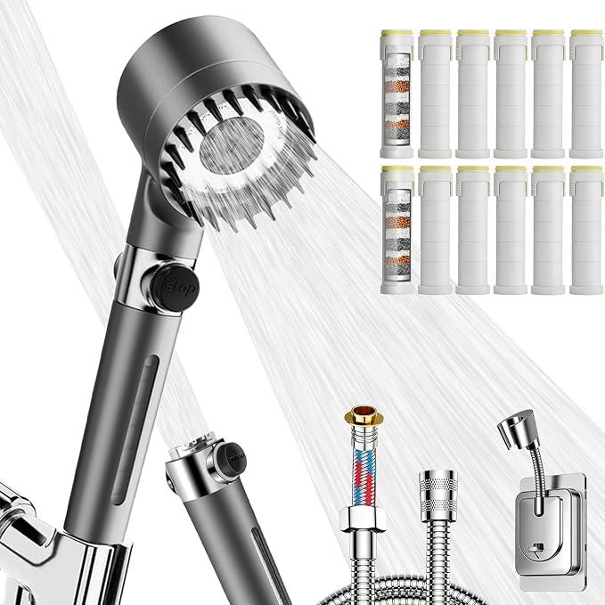 Ion High Pressure Filtered Shower Head with Handheld & Hose for Hard Water | 12 Filters Water Softener for Dry Skin & Hair, 4 Spray Modes, Pause Switch, Scalp Massager, 75" Hose, 2 Bracket | Kids & Pets