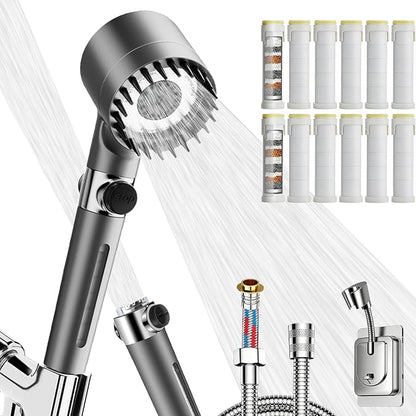 Ion High Pressure Filtered Shower Head with Handheld & Hose for Hard Water | 12 Filters Water Softener for Dry Skin & Hair, 4 Spray Modes, Pause Switch, Scalp Massager, 75" Hose, 2 Bracket | Kids & Pets