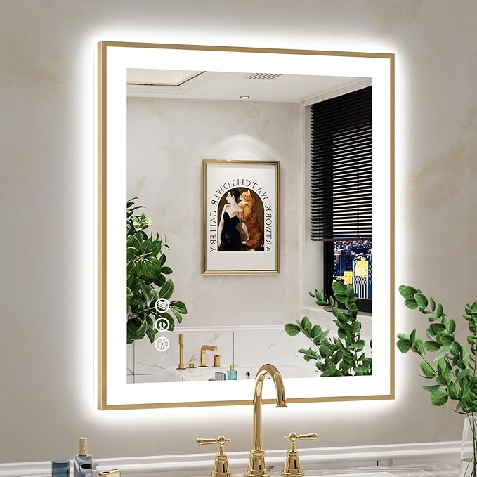 28x32 Inch LED Bathroom Mirror with Lights (Front Lit and Backlit) Gold Framed Lighted Vanity Mirror for Bathroom Wall Dimmable Anti-Fog Memory Tempered Glass Horizontal/Vertical