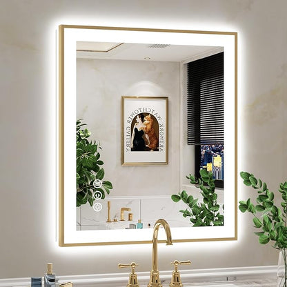 28x32 Inch LED Bathroom Mirror with Lights (Front Lit and Backlit) Gold Framed Lighted Vanity Mirror for Bathroom Wall Dimmable Anti-Fog Memory Tempered Glass Horizontal/Vertical