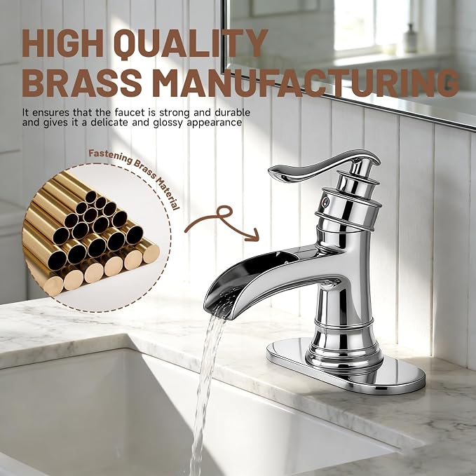 Bathroom Faucet Chrome Waterfall Bathroom Sink Faucets & Parts | with Pop Up Drain Stopper with Overflow Single Handle Single Hole Vanity Commercial Trough Supply Lines Hose Lead-Free