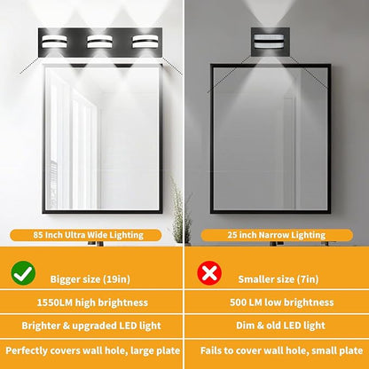 LED Dimmable Bathroom Vanity Light Fixtures, 1550LM 3 Light, Black Modern Matte Bathroom Lighting, Over Mirror Vanity Lights for Bathroom, Living Room, Bedroom ETL Certified