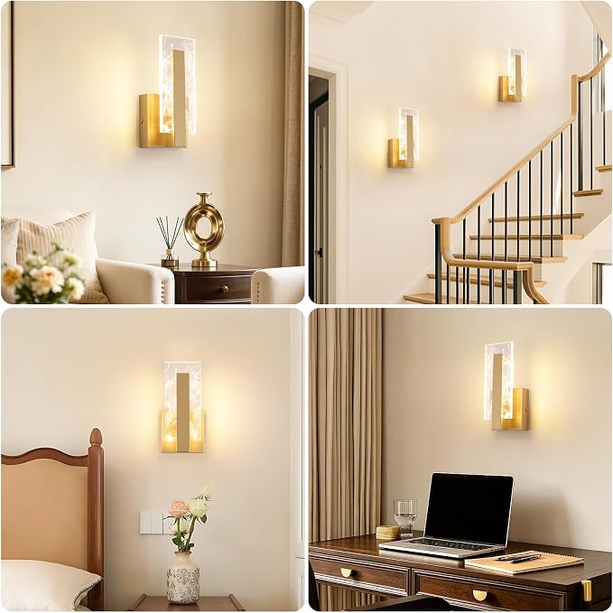 Modern Wall Sconces Set of Two, Hardwired Gold Wall Light Lighting, 3000K Warm White Acrylic Shade Wall Light Fixture, Indoor Wall Mounted Lamp for Hallway Bedroom Corridor Stairs Bathroom