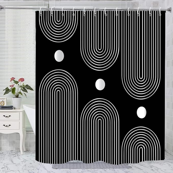 Black and White Shower Curtain, Boho Minimalist Mid Century Modern Arch Geometric Machine Washable Waterproof Fabric for Bathroom Bathtub with Hooks 72x72